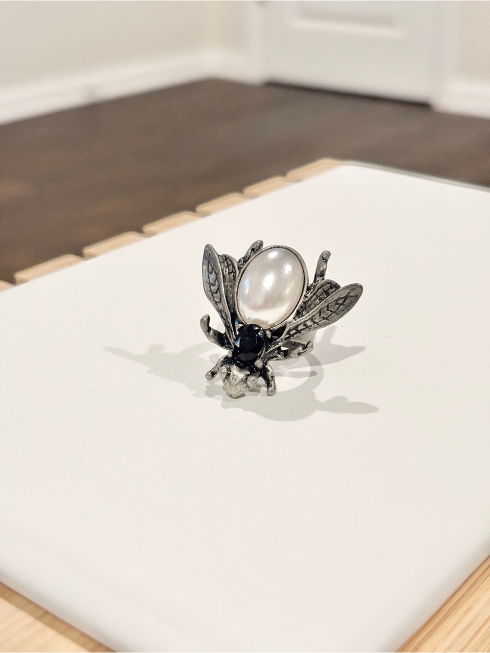 Silver Tone Insect Ring Pearl Body Black Stone Statement Size 6